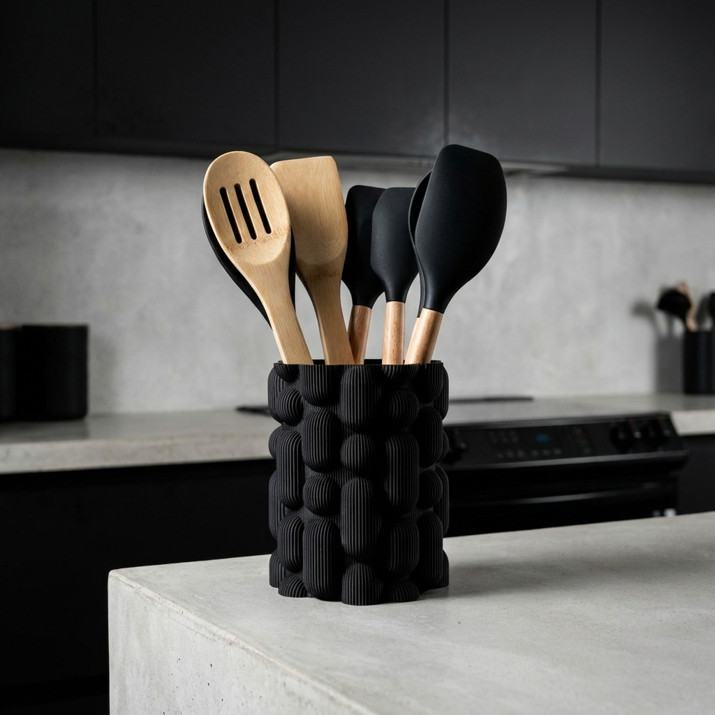 Black kitchen utensil holder with wooden utensils on a kitchen counter.