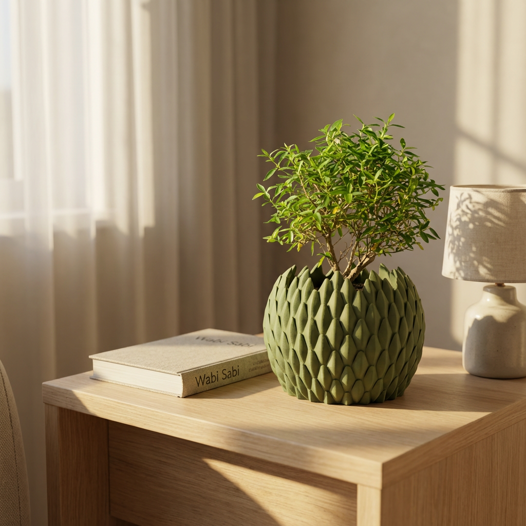 Green potted plant on a wooden table with a book and lamp in a softly lit room.