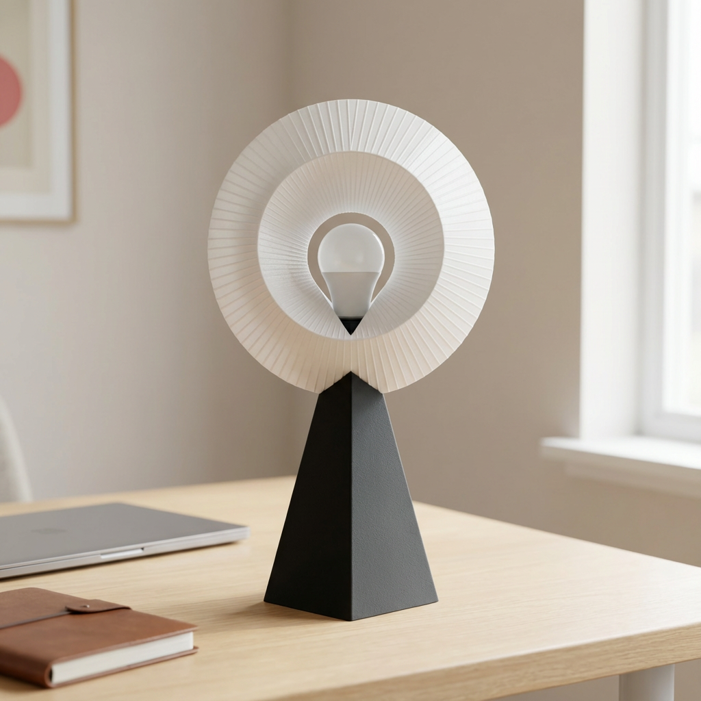 Modern table lamp with a unique design on a desk next to a laptop and notebook.