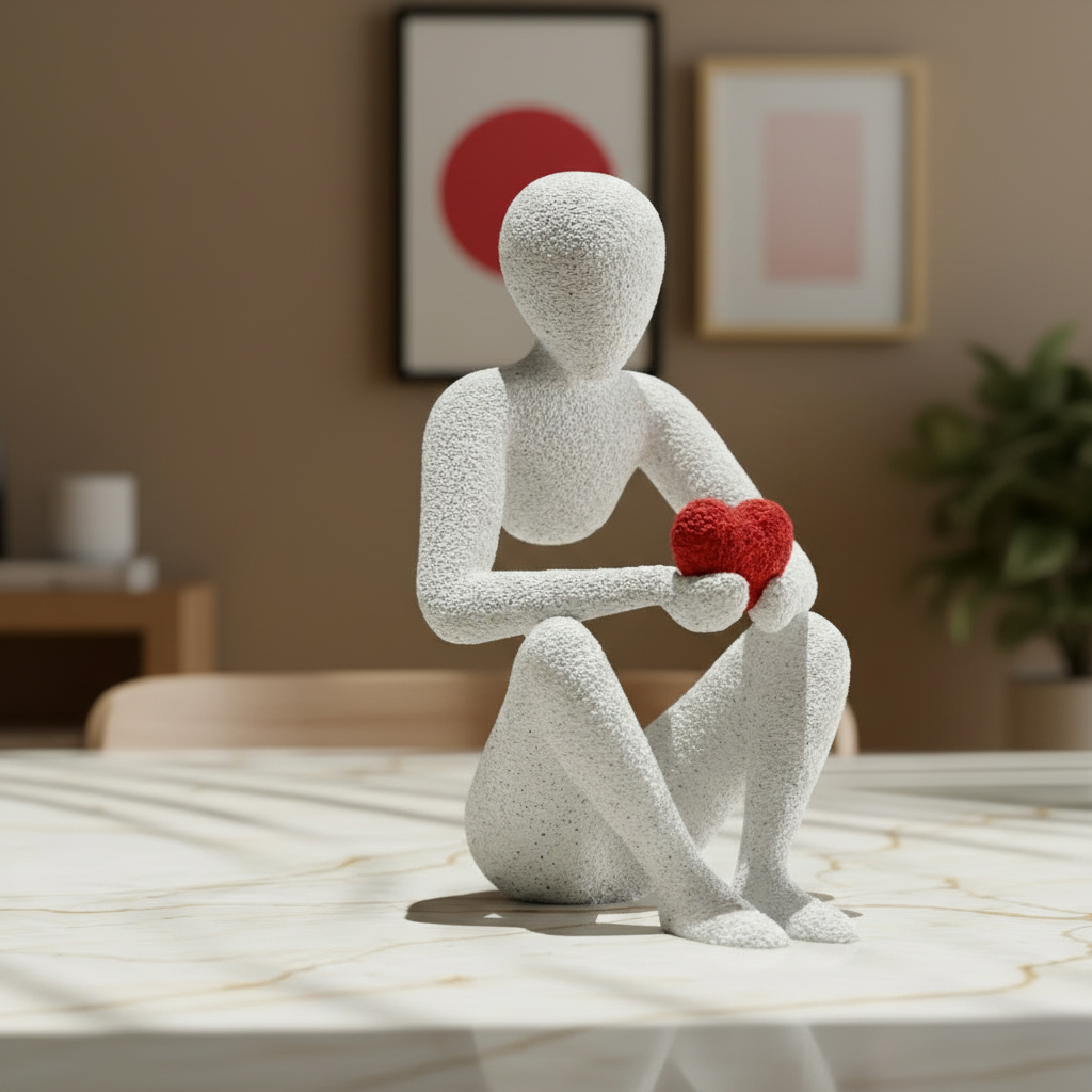 Statue of a person holding a red heart on a marble surface with a blurred indoor background