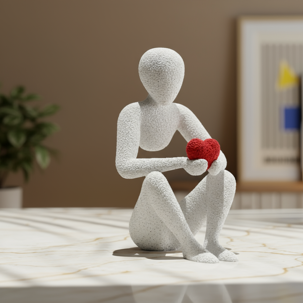 White abstract sculpture holding a red heart on a marble surface with a blurred background