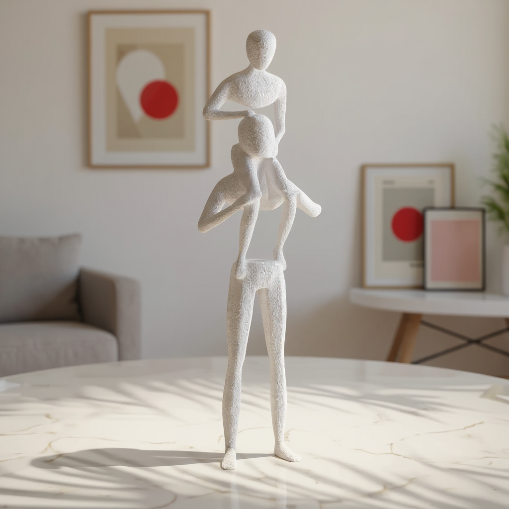 Minimalist NObody Family sculpture of parent carrying child on shoulders on marble desk