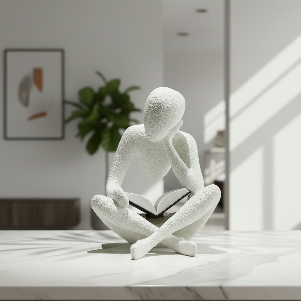Minimalist NObody Reader sculpture sitting cross-legged with open book on modern desk