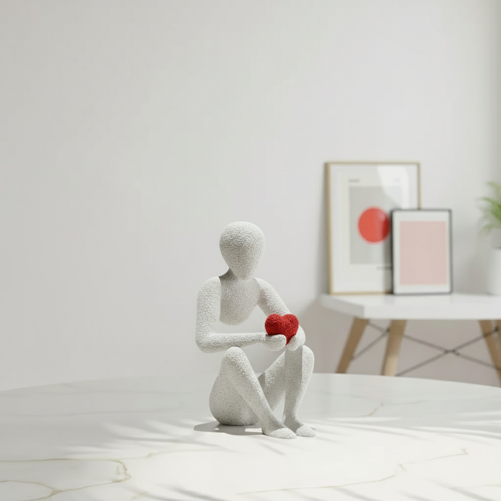 White abstract sculpture holding a red heart in a minimalistic room with a white table and framed pictures.