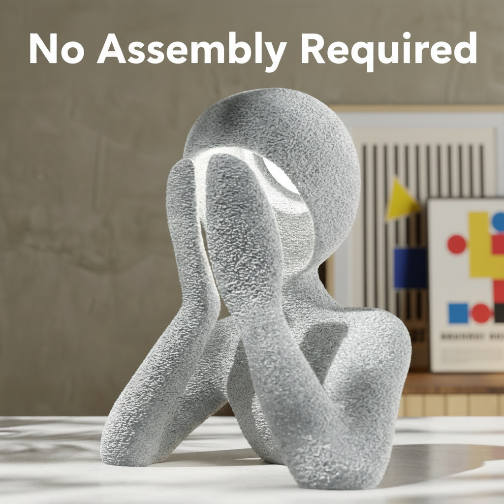 Decorative sculpture on a surface with 'No Assembly Required' text above.