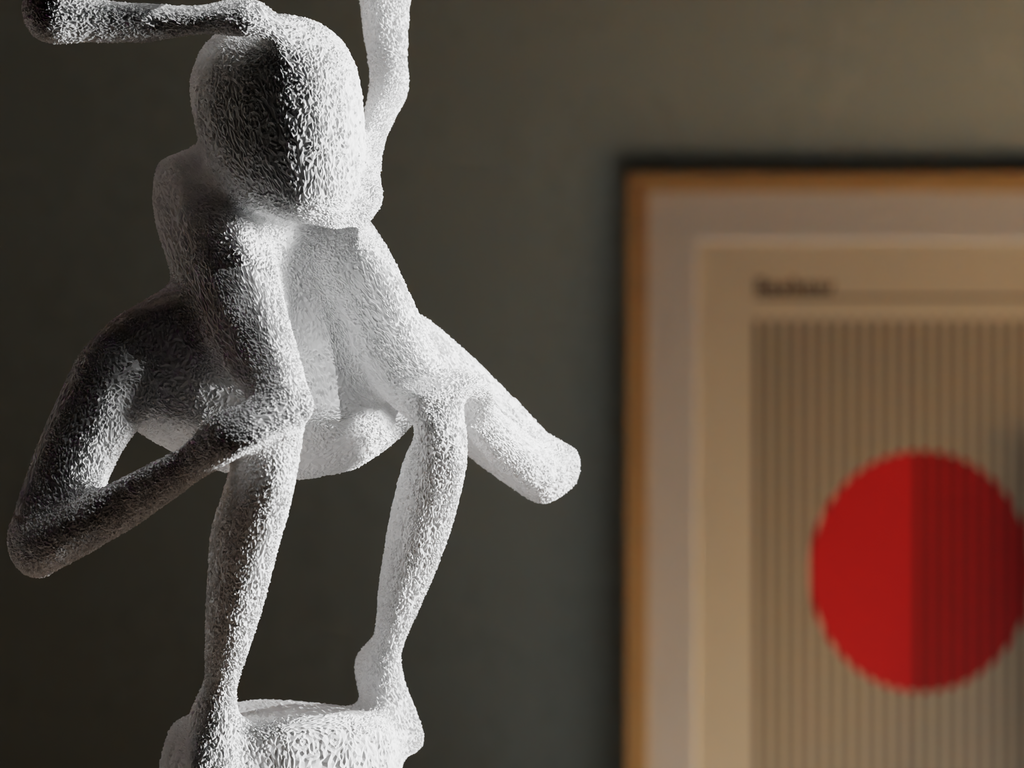 Textured sculpture of a figure on a stand with a blurred abstract painting in the background