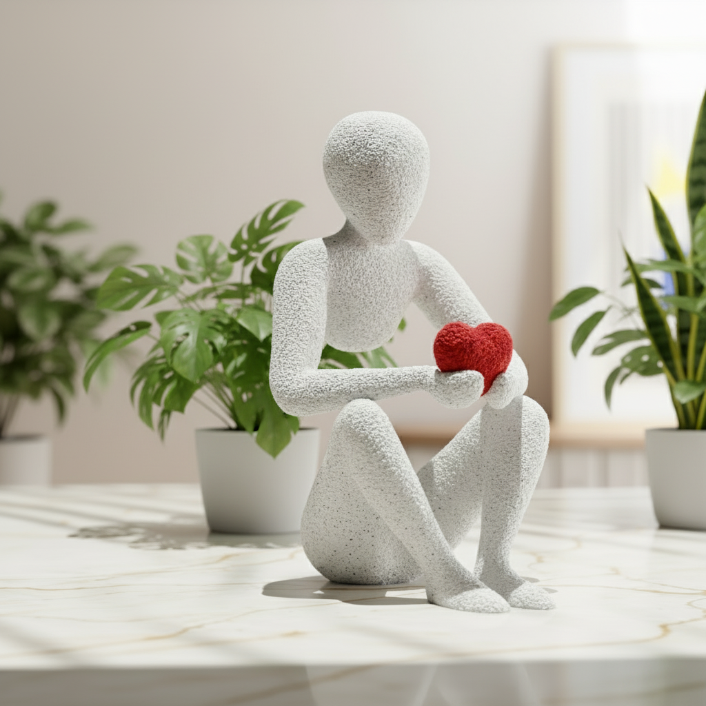 Statue of a person holding a red heart on a marble surface with plants in the background