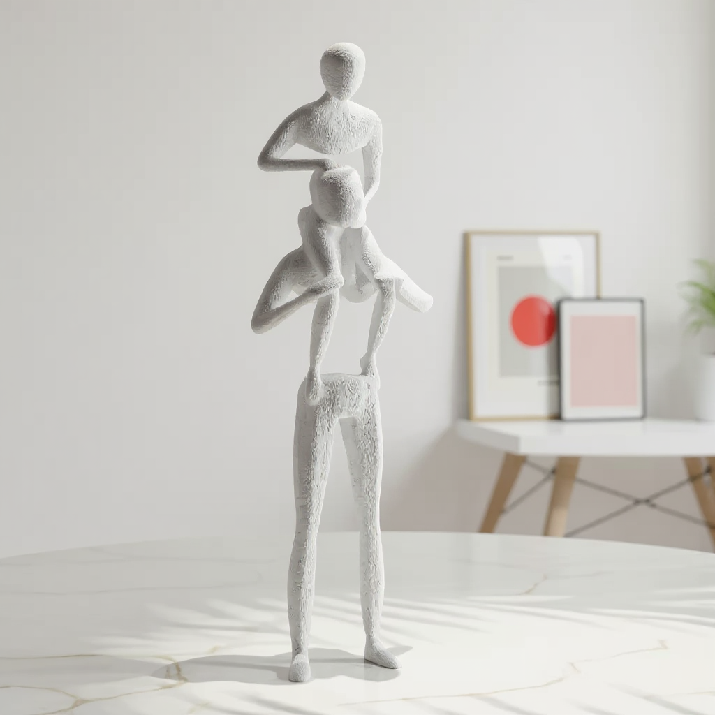 White abstract sculpture of a child sitting on a man's shoulders in a minimalistic room.
