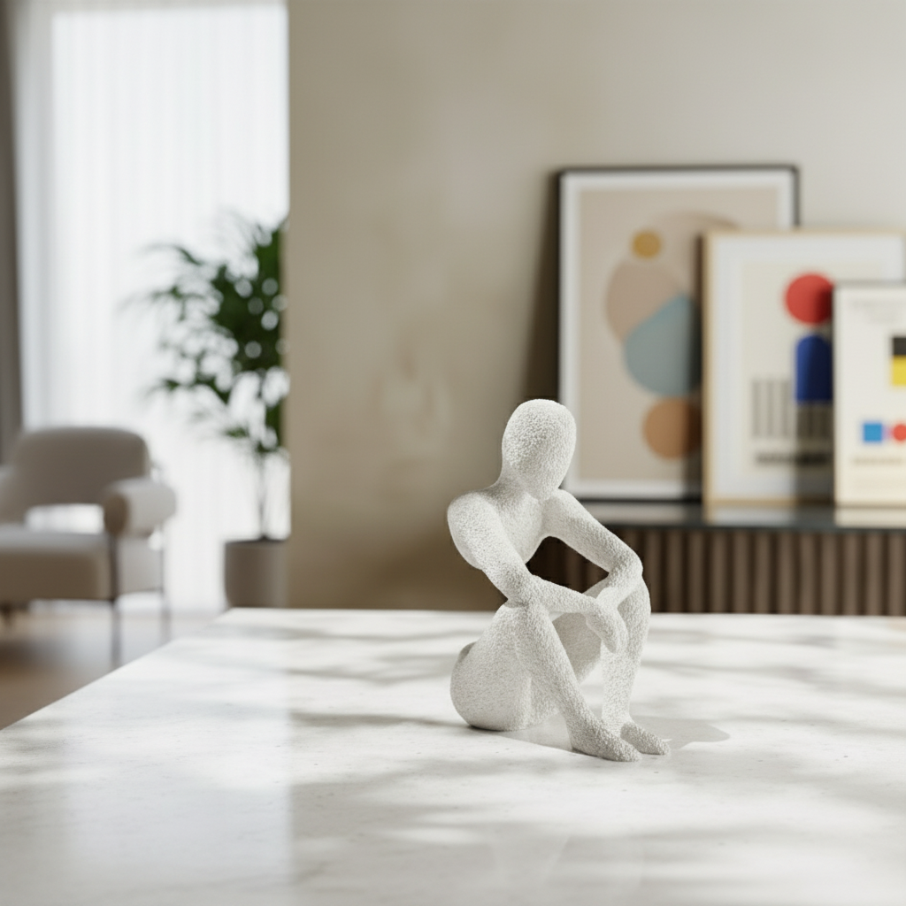 White abstract sculpture on a table with a blurred room background
