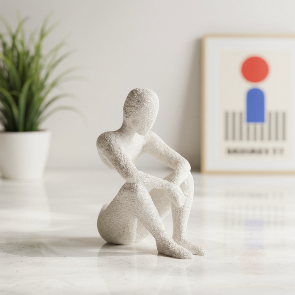 White abstract sculpture on a marble surface with a plant and framed art in the background