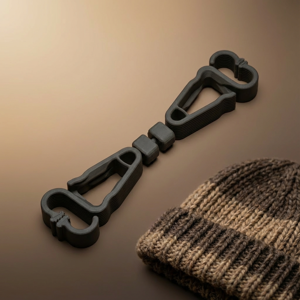 Black metal keychain on a brown textured background