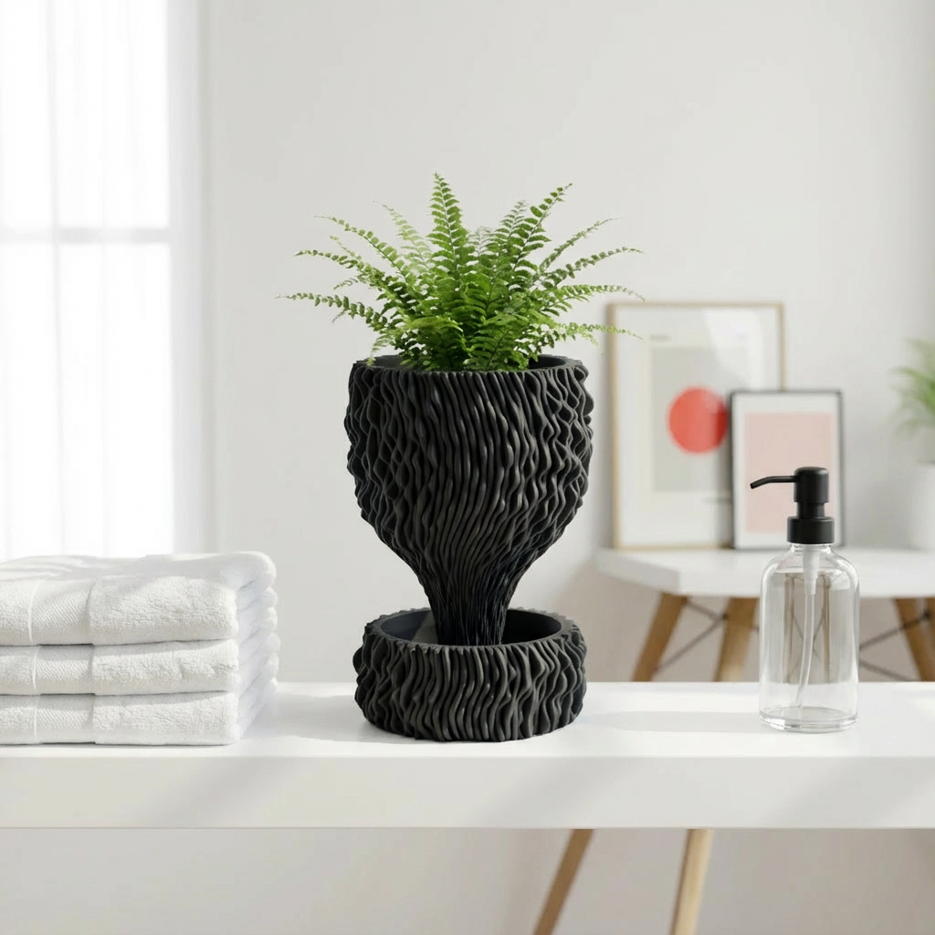 Black textured planter with a green fern on a white surface, with towels and a bottle in the background.