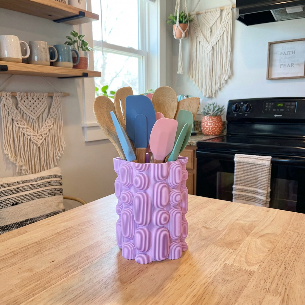Purple textured utensil holder with colorful spatulas on a kitchen counter