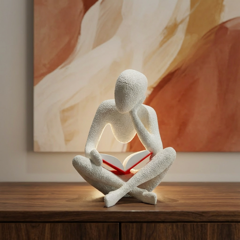 White abstract sculpture of a person reading a book on a wooden surface with a warm-toned abstract painting in the background.