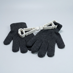 Pair of gray gloves with a white clip on a light gray background
