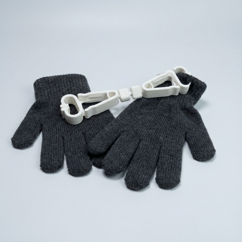 Pair of gray gloves with a white clip on a light gray background