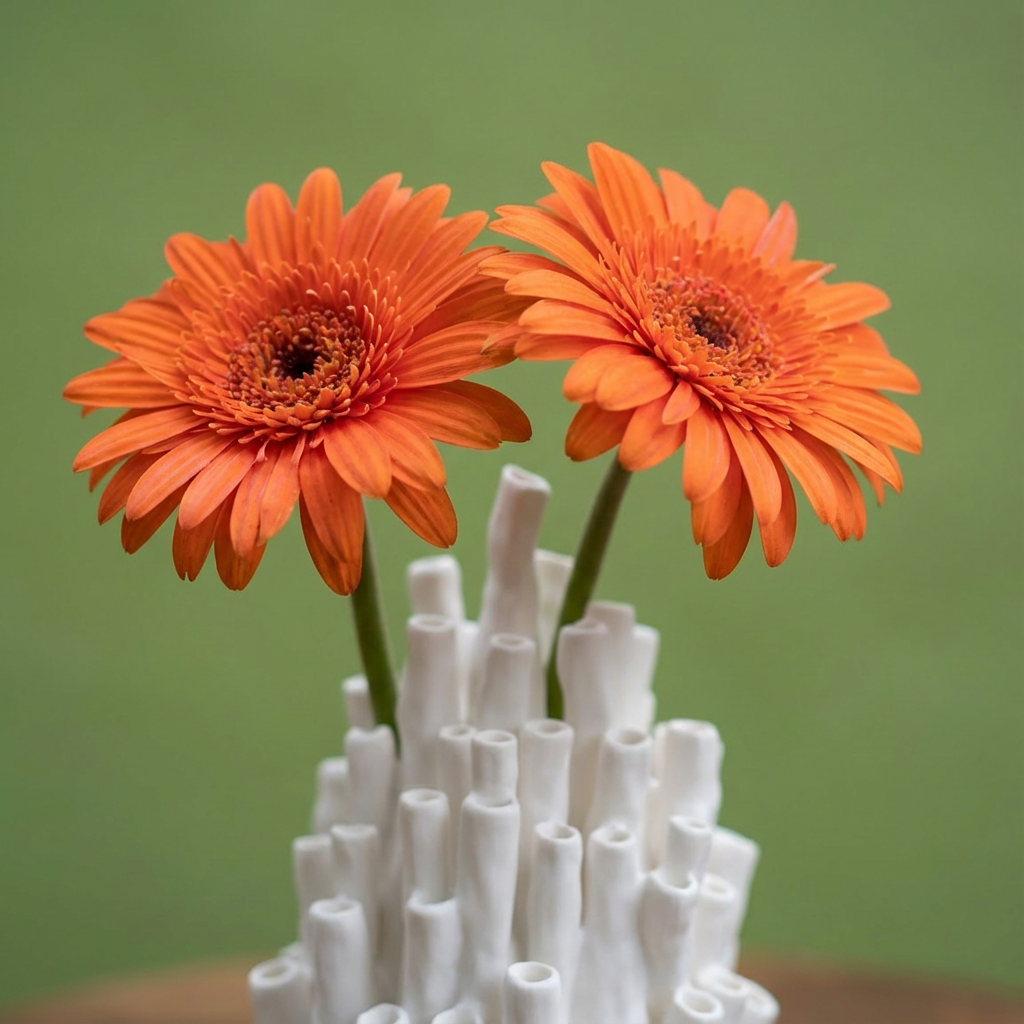 Two orange flowers in a white vase against a green background