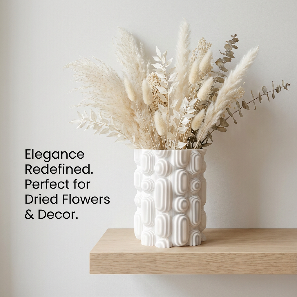 White textured vase with dried flowers on a wooden shelf against a light background