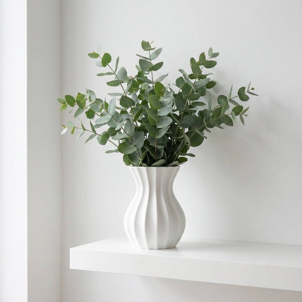 White vase with green leaves on a white surface against a white background