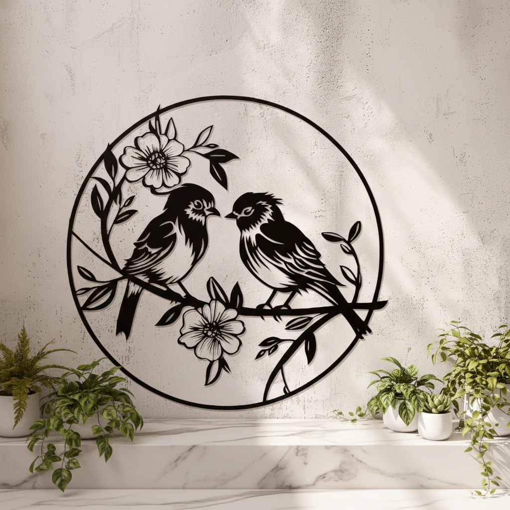 Black silhouette wall art featuring two love birds kissing on a floral branch inside a circle frame.