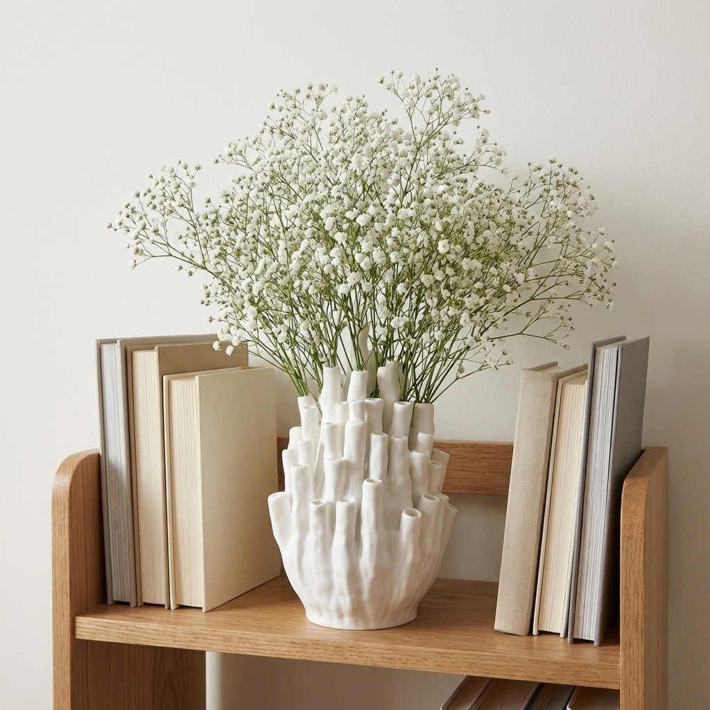 White vase with baby's breath flowers on a wooden shelf with books