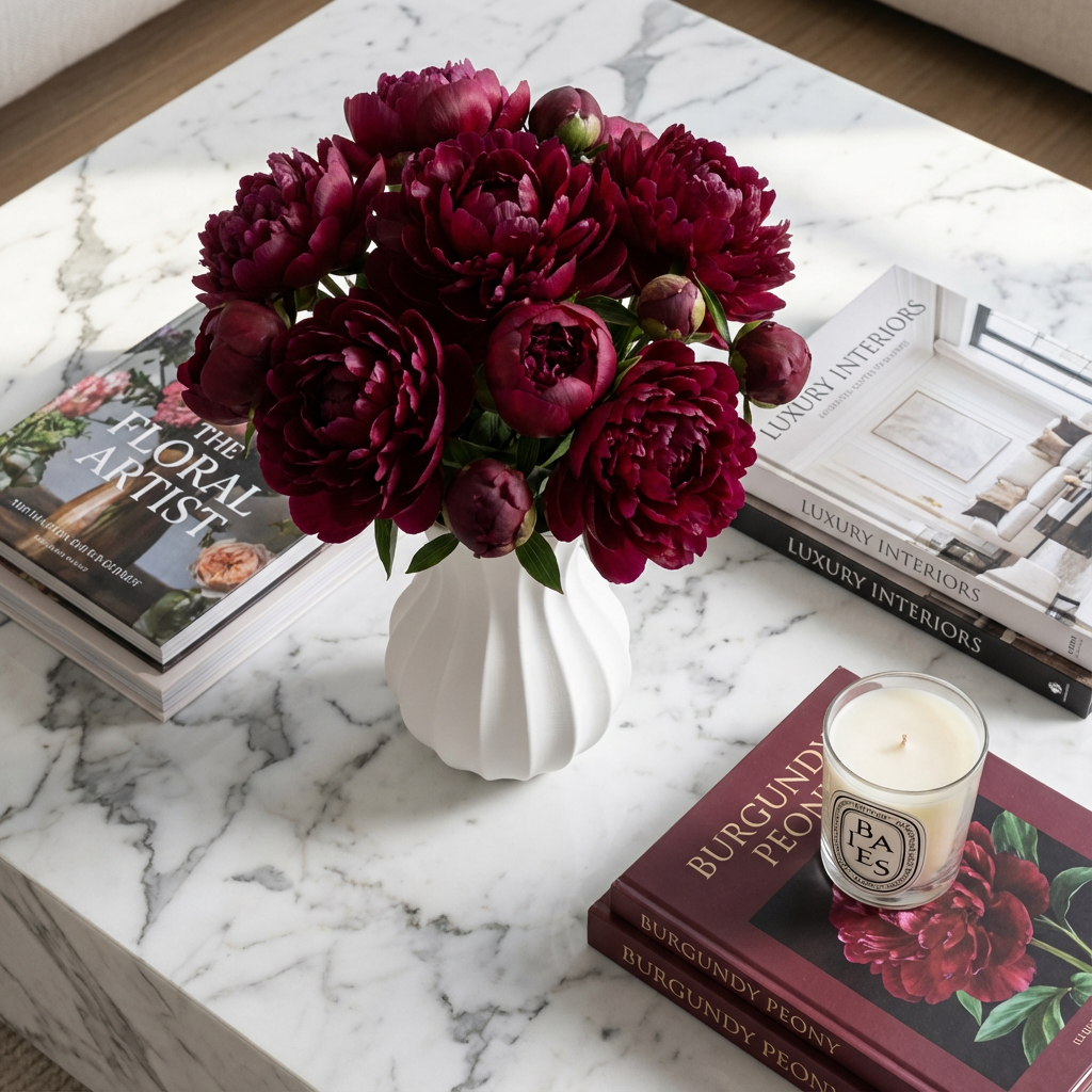 Burgundy peonies in a white vase on a marble surface with books and a candle.