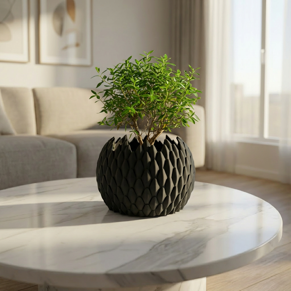Black textured vase with a plant on a marble table in a living room.