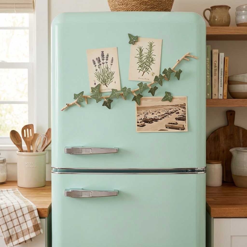 Mint green refrigerator with decorative magnets in a kitchen setting