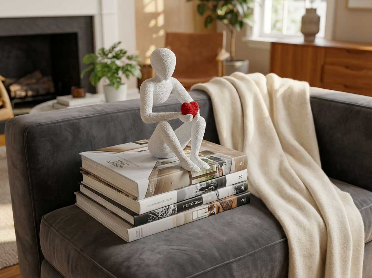 Decorative figure on books on a gray sofa with a blanket