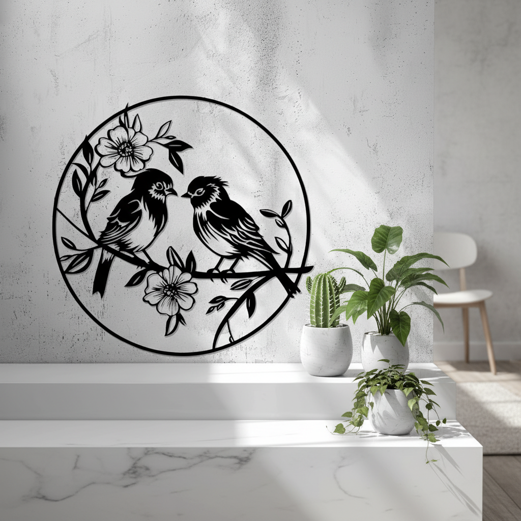 Love Birds on Branch Round Wall Art | Black Silhouette Nature Decor | 9.8" Circle