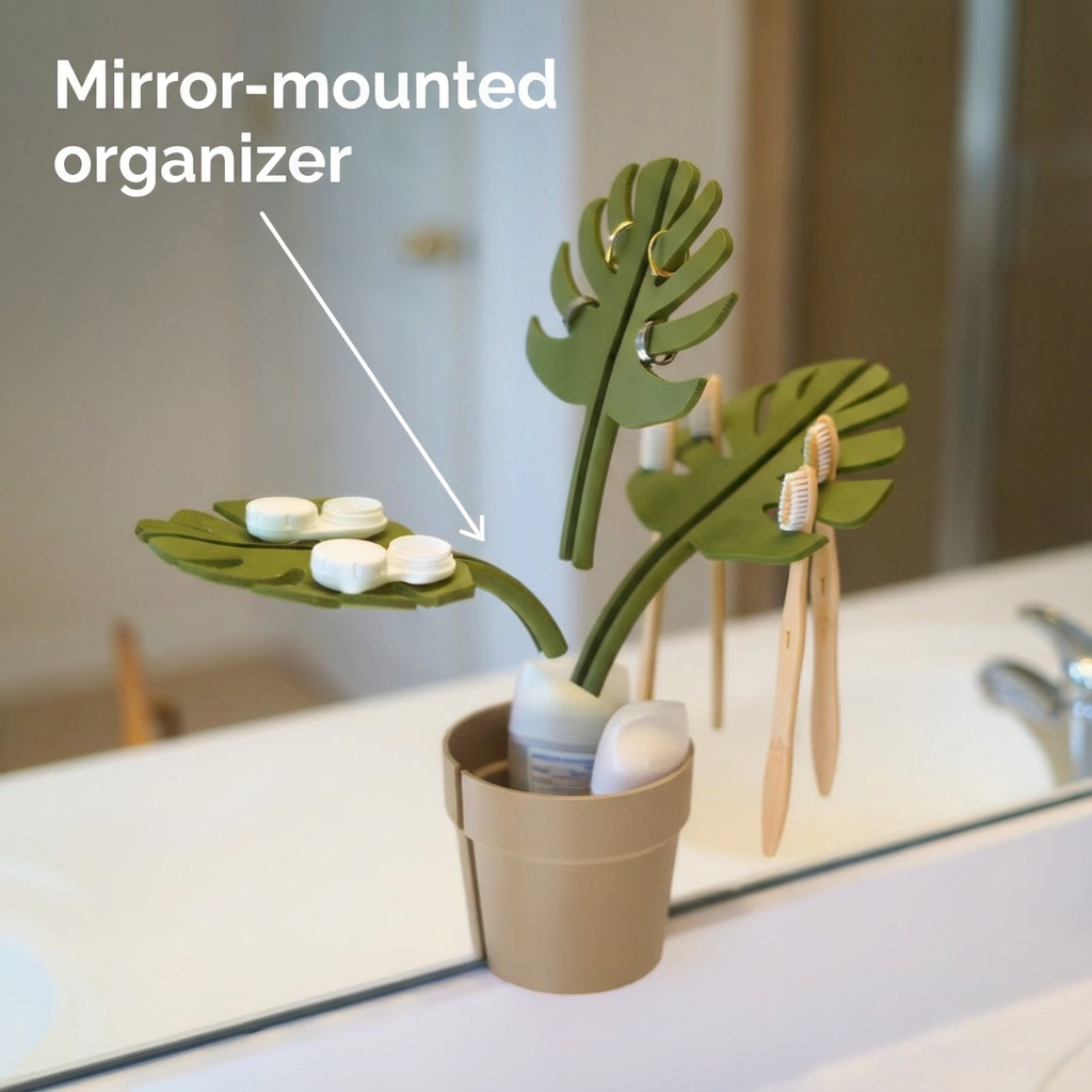 Green leaf-shaped mirror-mounted organizer with toothbrush holder and soap dish on a bathroom counter.
