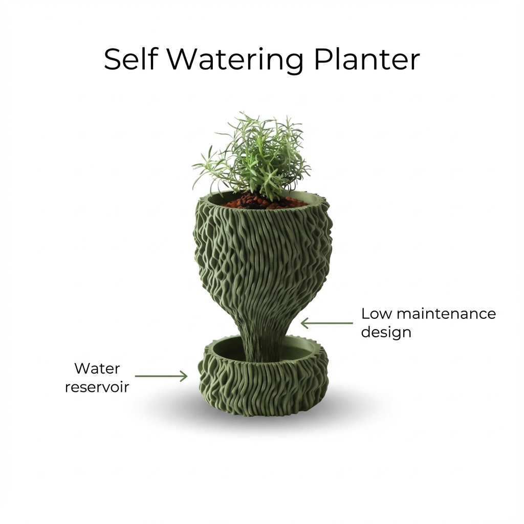 Self-watering planter with text labels on a white background