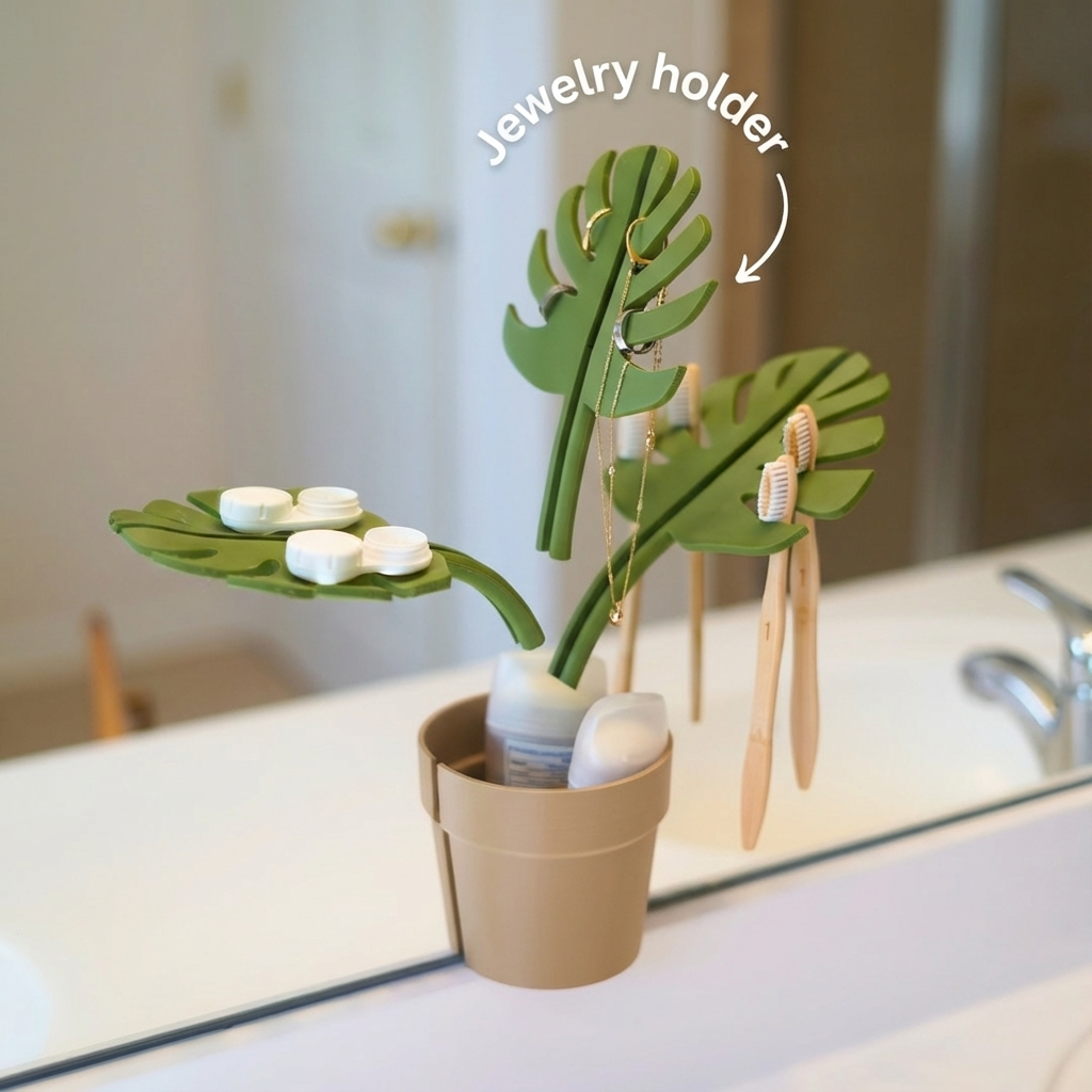 Green leaf-shaped jewelry holder with small items on a bathroom counter