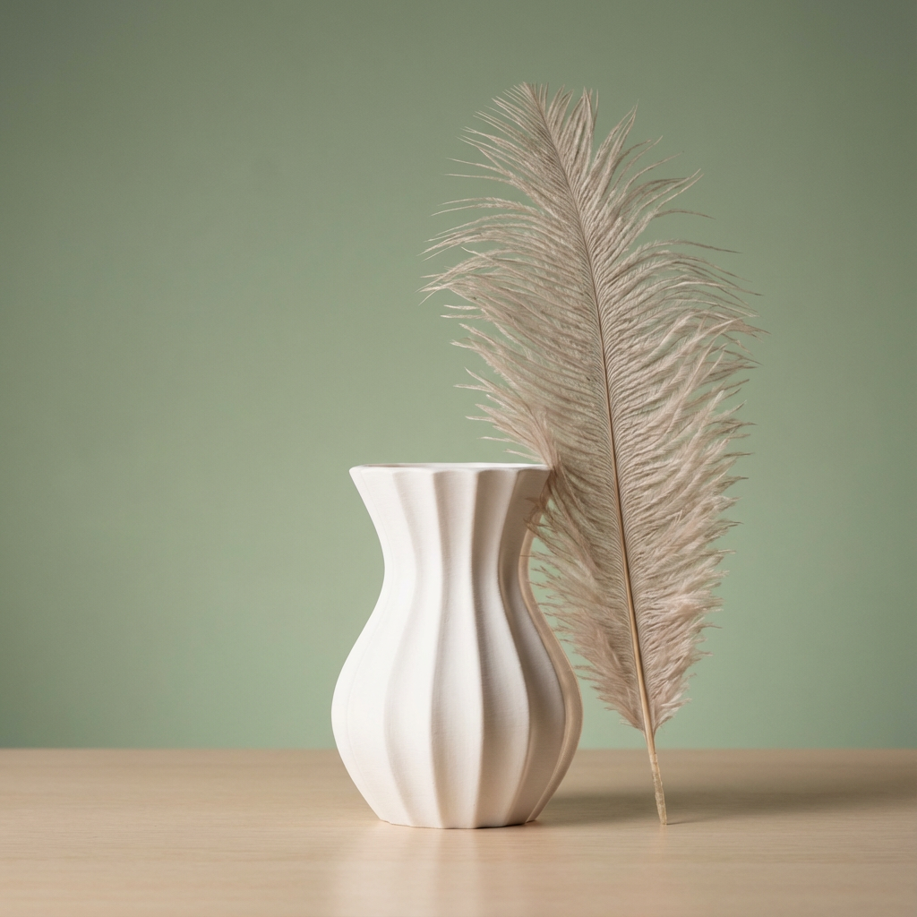 White textured vase with a dried pampas grass leaf on a light green background