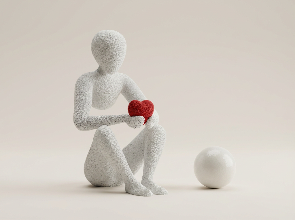 Sculpture of a figure holding a red heart on a beige background