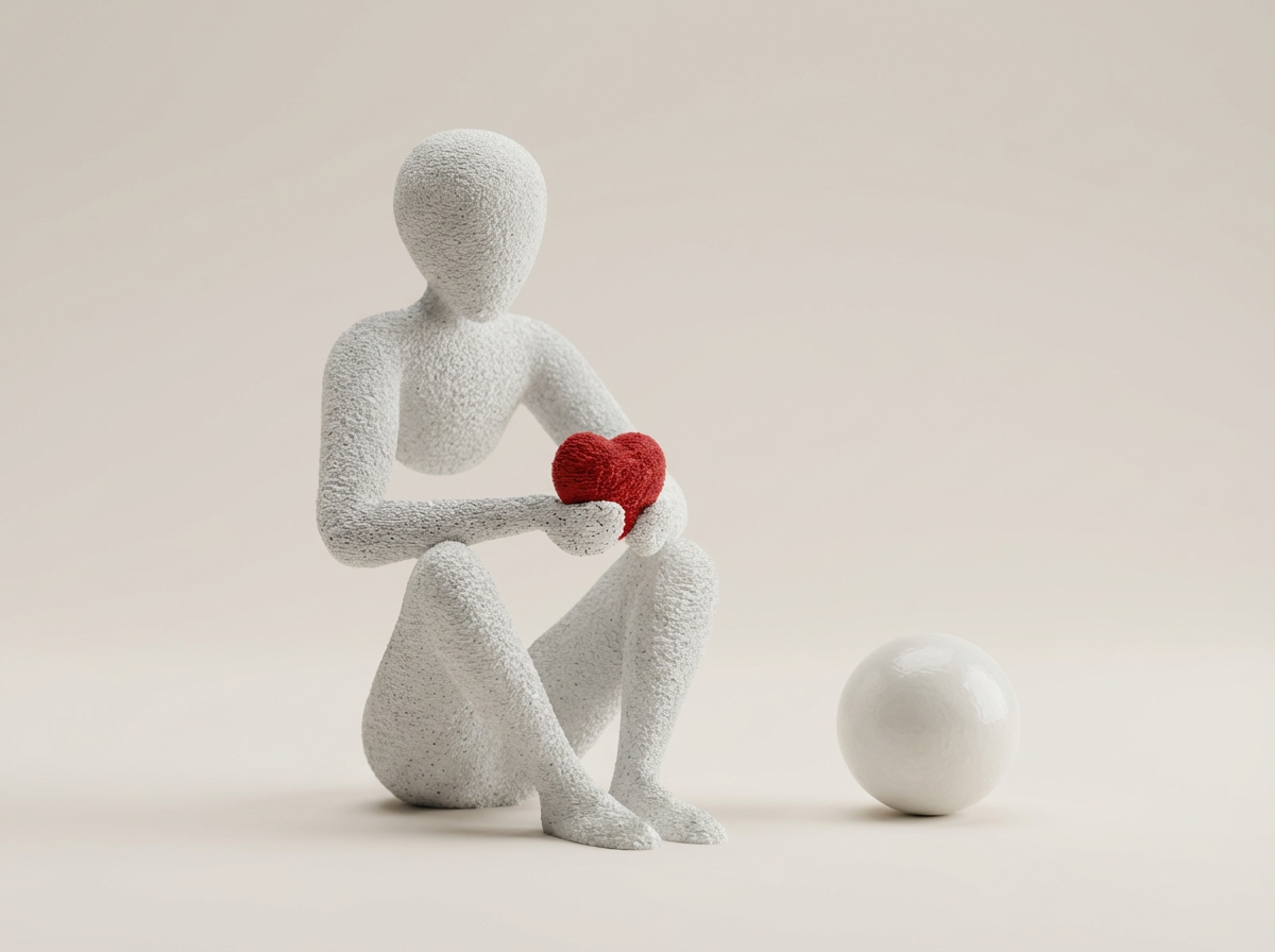 Sculpture of a figure holding a red heart on a beige background