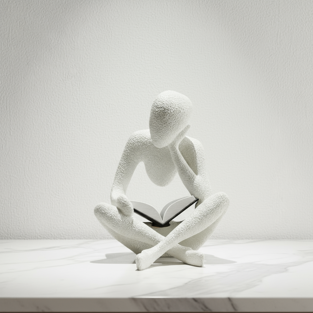 Abstract faceless reader figurine 3D printed in neutral textured finish for bookshelf decor