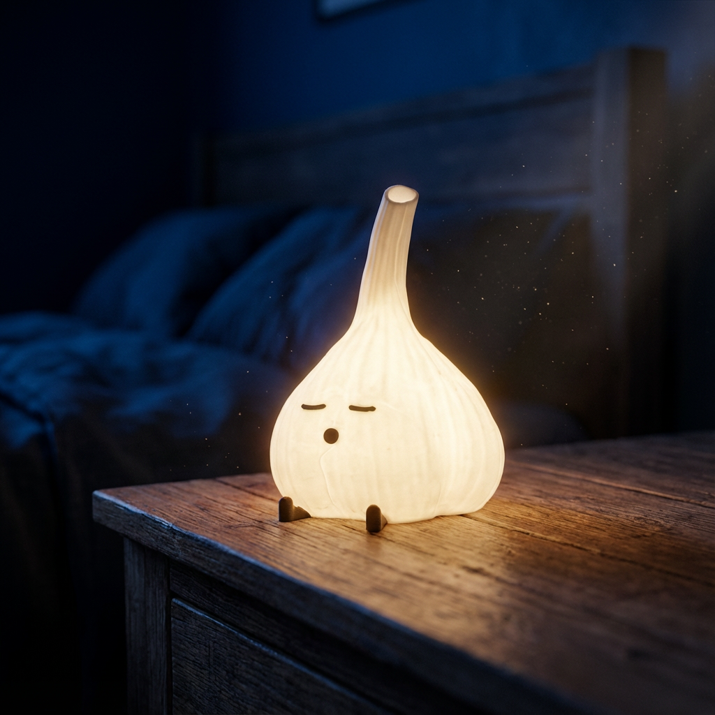 Decorative lamp shaped like a garlic bulb on a wooden surface with a dark background