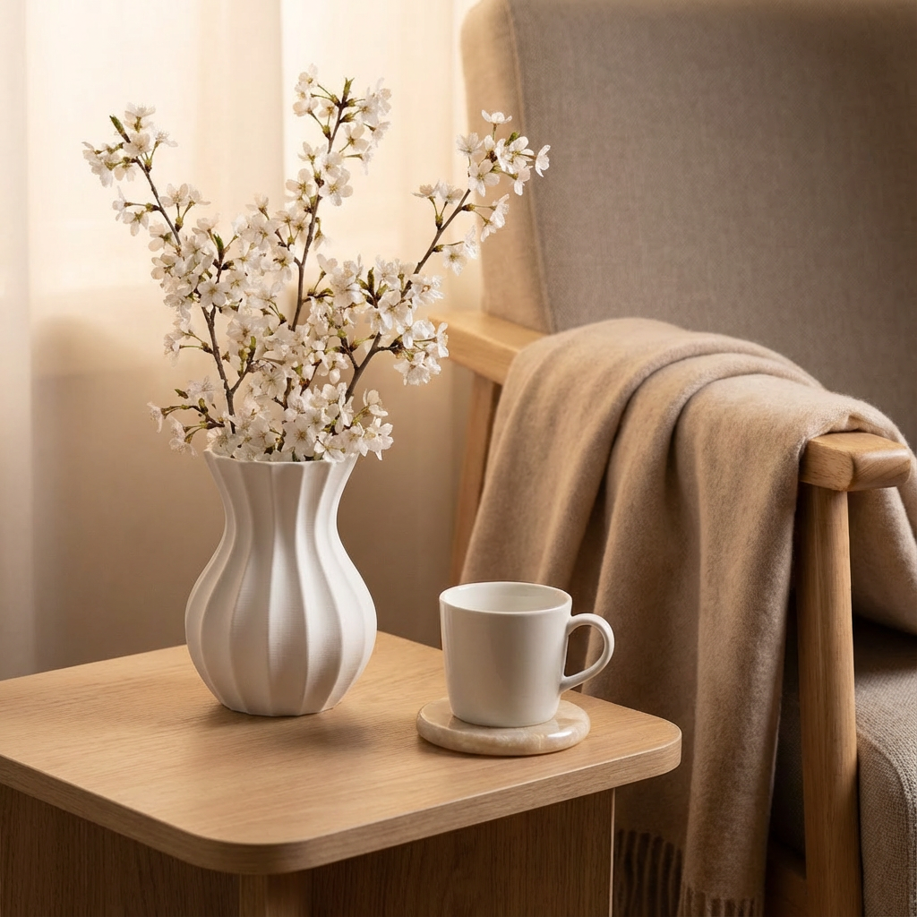 White vase with white flowers on a wooden table next to a beige armchair with a blanket.