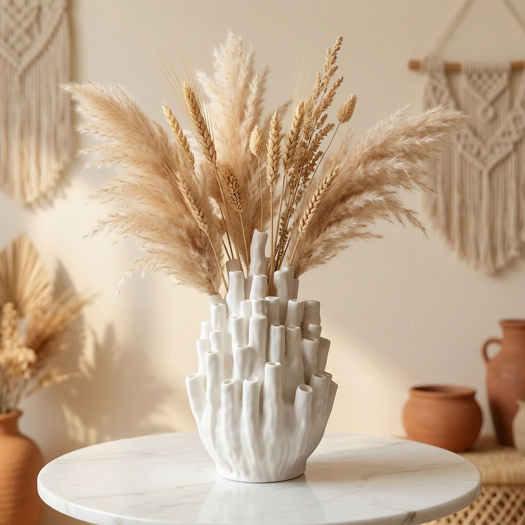 White textured vase with dried plants on a marble surface, with macrame art in the background.