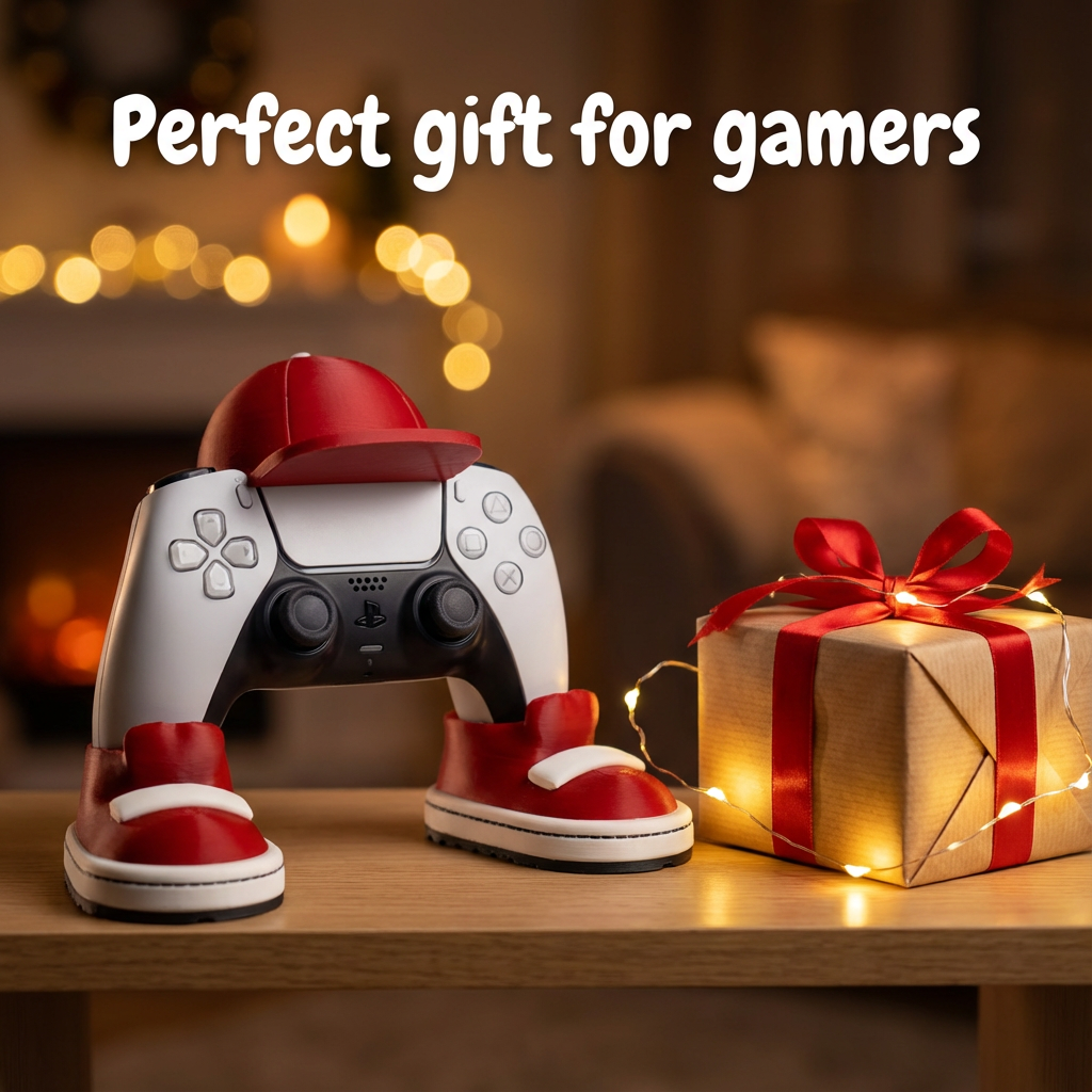 Gaming controller with red shoes and a gift box on a wooden surface with blurred lights in the background.