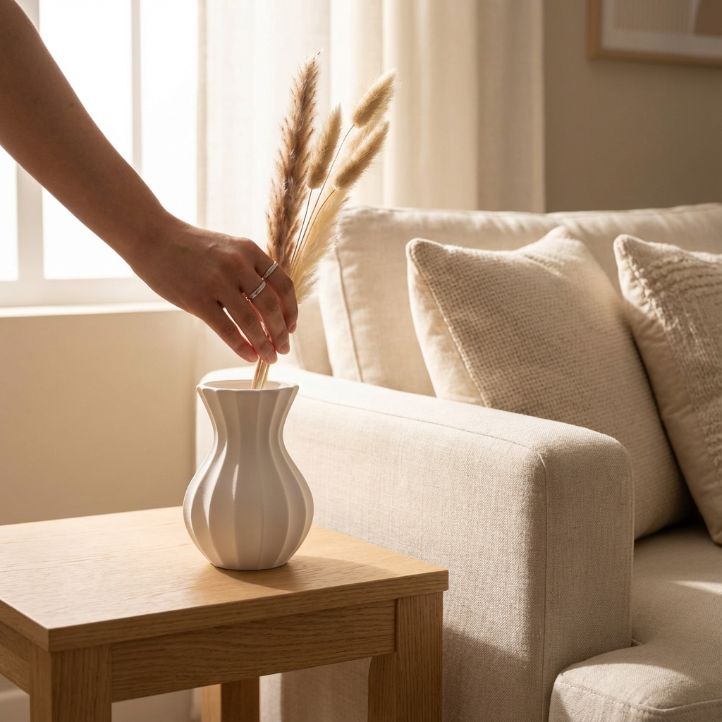 Person arranging pampas grass in a white vase on a wooden table with a beige sofa in the background.