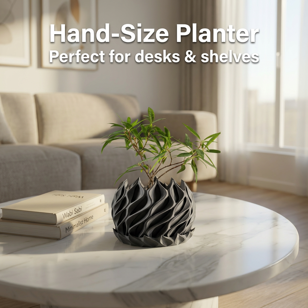 Hand-size planter on a marble table with books in a living room setting