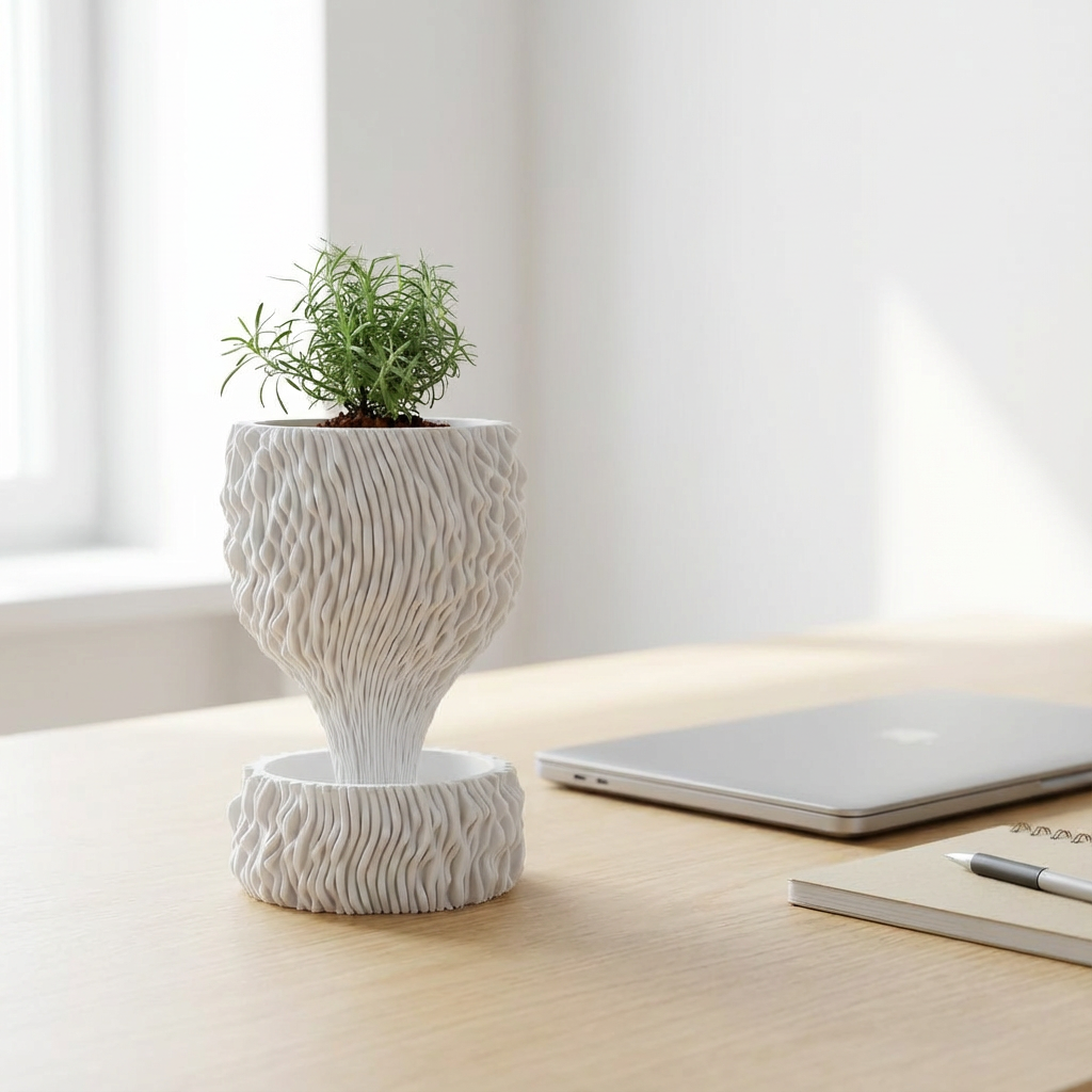 White textured planter with a plant on a wooden surface next to a laptop and notebook.