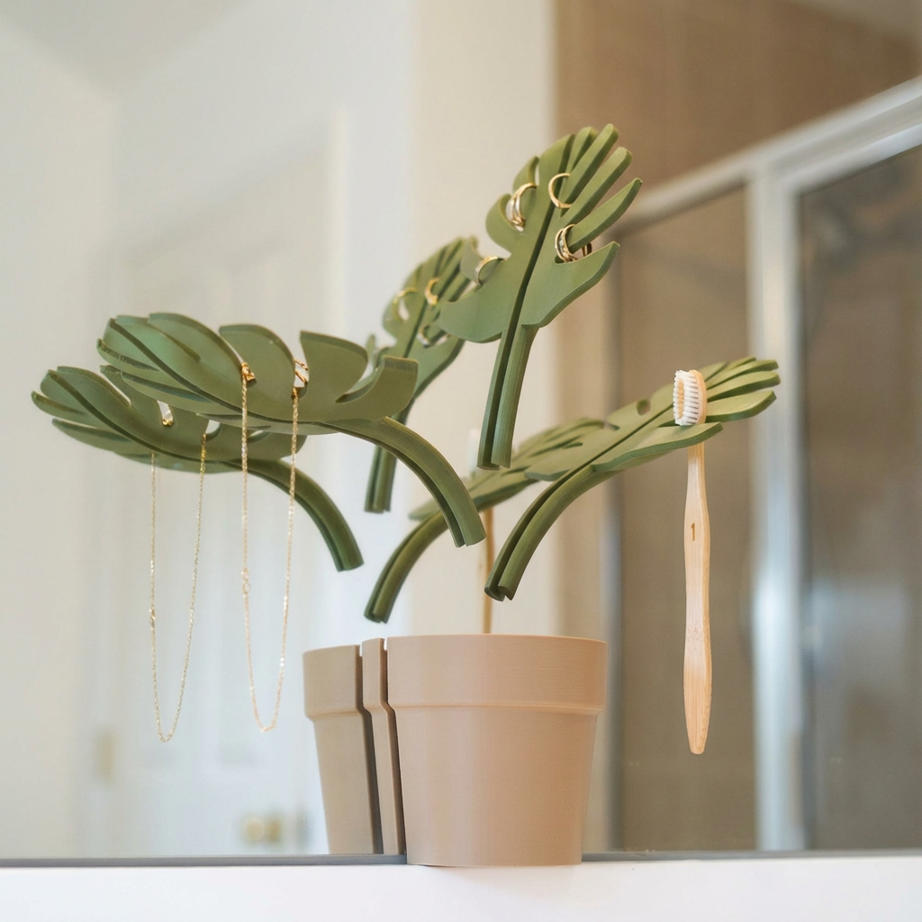 Green plant-shaped jewelry holder with earrings and a toothbrush on a blurred background