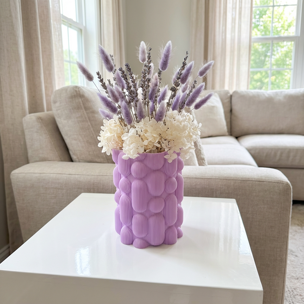 Purple textured vase with flowers on a white coffee table in a living room.
