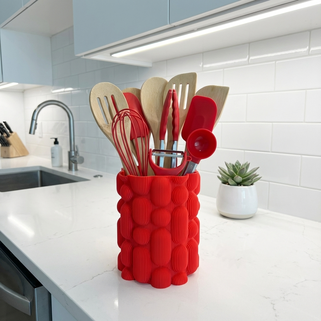 Red kitchen utensil holder with utensils on a kitchen counter