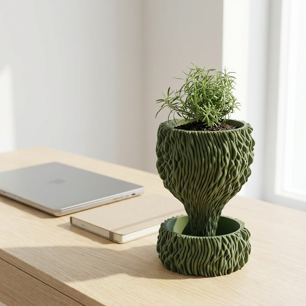 Decorative green plant pot on a wooden desk with a laptop and phone.