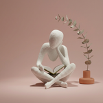 White abstract sculpture of a person sitting with a book, next to a small plant in a terracotta pot on a pink background
