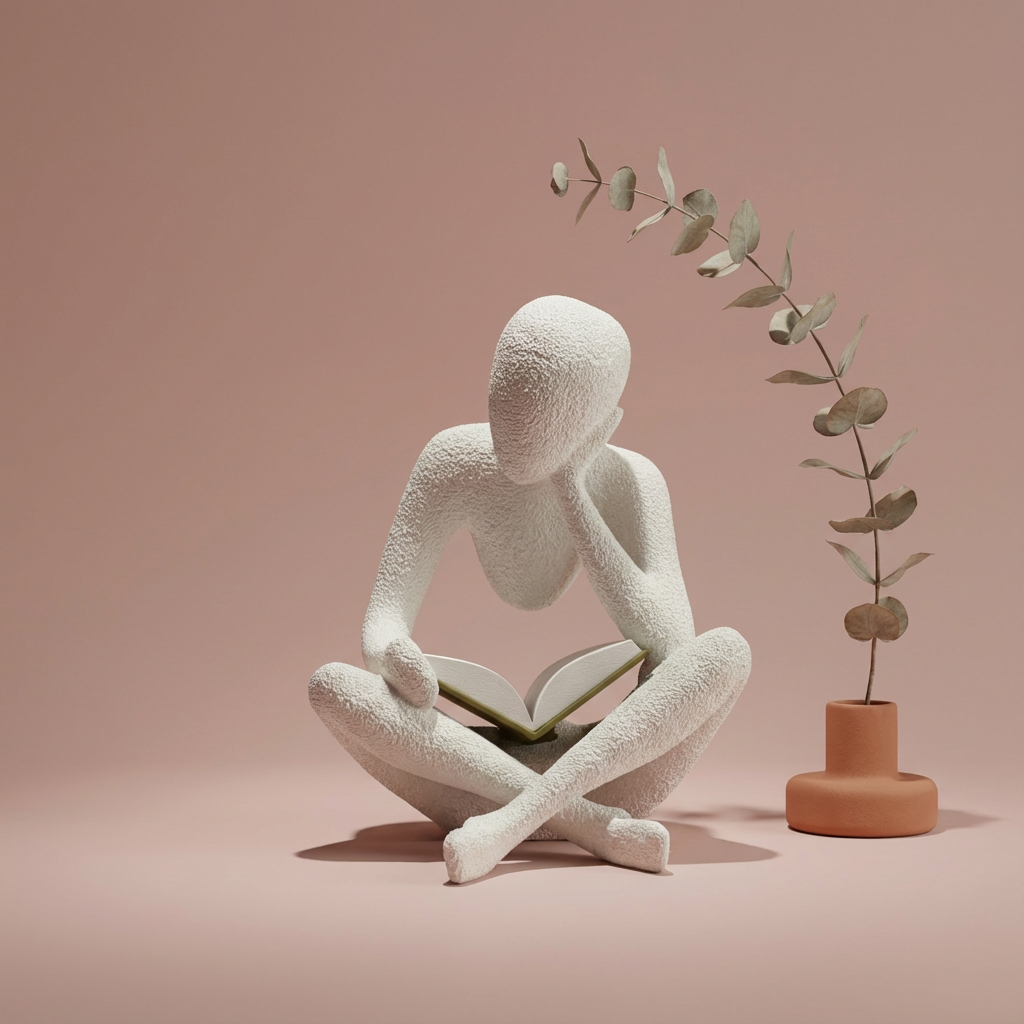 White abstract sculpture of a person sitting with a book, next to a small plant in a terracotta pot on a pink background
